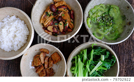 Frugal meal with vegetarian food, jackfruit,tofu skin cook with sauce, boiled vegetable 79702922