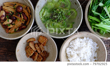Frugal meal with vegetarian food, jackfruit,tofu skin cook with sauce, boiled vegetable 79702925