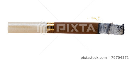 Lit brown cigarette isolated on white background Lit brown cigarette isolated on white background 79704371