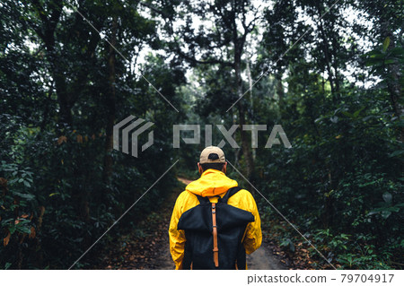 Man hiking and exploring forest area Man hiking and exploring forest area 79704917