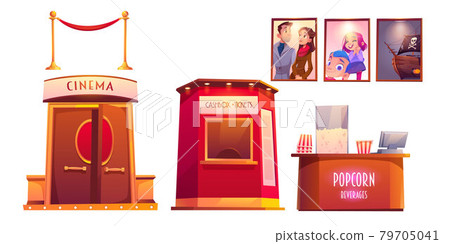 Cinema interior with cashbox and popcorn shop Cinema interior with cashbox and popcorn shop 79705041