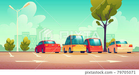 Cars on city street parking with road marking 79705071