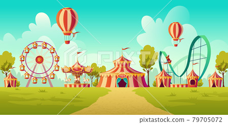 Amusement park with circus tent and carousel 79705072