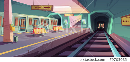 Empty subway platform with arriving trains Empty subway platform with arriving trains 79705083