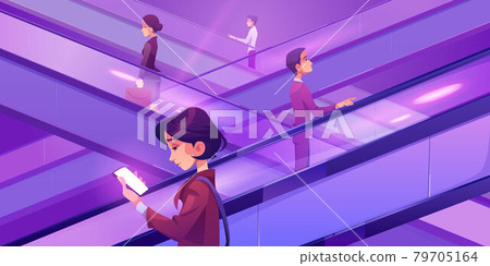 People moving on escalators in shopping center People moving on escalators in shopping center 79705164