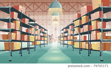Warehouse interior with cardboard boxes on shelves - Stock Illustration ...