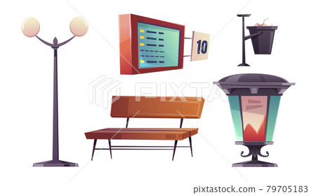 City bus stop with bench and schedule 79705183