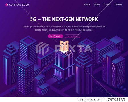 5g network technology isometric landing page. 79705185