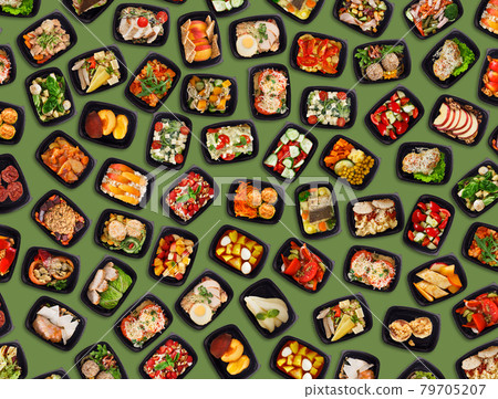 Different Tasty Meals In Take Away Containers Flat Lay Over Green Background Different Tasty Meals In Take Away Containers Flat Lay Over Green Background 79705207