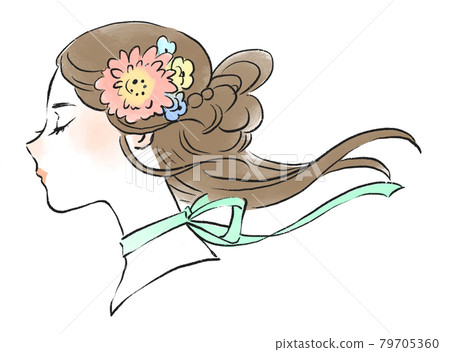 手繪插圖(彩色)一個穿著花朵裝飾的女人在風中飄揚的輪廓 手繪插圖(彩色)一個穿著花朵裝飾的女人在風中飄揚的輪廓 79705360