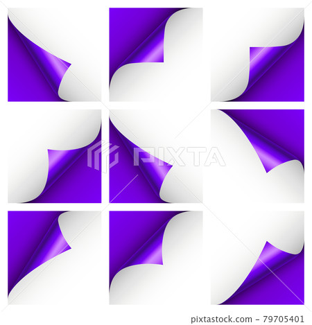 Set of violet paper curls. Curled page corner with shadow. Blank sheet of paper. Colorful shiny foil Set of violet paper curls. Curled page corner with shadow. Blank sheet of paper. Colorful shiny foil 79705401
