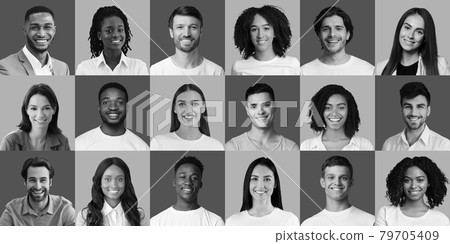 Successful multiracial people cheerfully smiling, set of monochrome photos 79705409