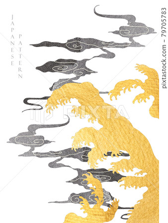 Japanese background with gold and black texture vector. Asian Ocean wave and cloud illustration in vintage style. Japanese background with gold and black texture vector. Asian Ocean wave and cloud illustration in vintage style. 79705783