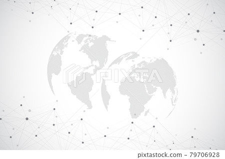 World map point with global technology networking concept. Digital data visualization. Lines plexus. Big Data background communication. Scientific illustration. 79706928