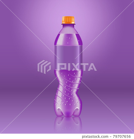 Realistic soda lemonade bottle mock up with purple label isolated on purple background reflected off the floor, vector illustration. Suitable for large format ads, billboards and posters Realistic soda lemonade bottle mock up with purple label isolated on purple background reflected off the floor, vector illustration. Suitable for large format ads, billboards and posters 79707656
