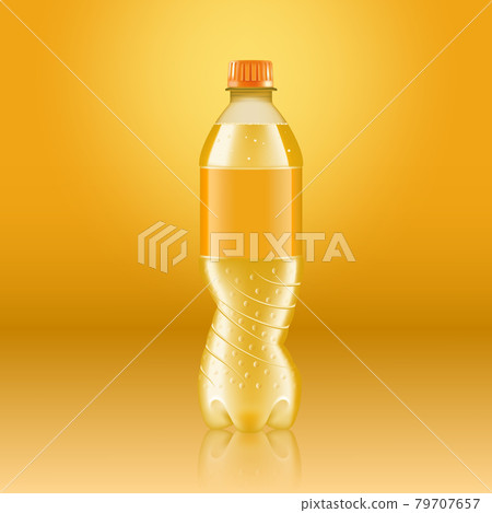 Realistic soda lemonade bottle mock up with yellow label isolated on yellow background reflected off the floor, vector illustration. Suitable for large format ads, billboards and posters 79707657