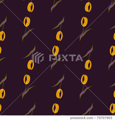 Abstract seamless pattern with yellow tulip flower elements shapes. Dark purple background. Floral print. 79707903