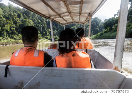 Tourist enjoying scenic nature view of Tembeling river cruise with lush rainforest foliage at Taman Negara National Park, Pahang 79707973
