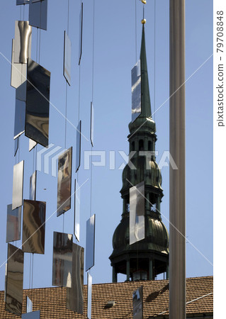 RIGA, LATVIA Modern installation of mirror fragments in the center of the old town RIGA, LATVIA Modern installation of mirror fragments in the center of the old town 79708848