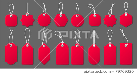 Realistic red price tags with white string on gray background. Special offer or shopping discount Realistic red price tags with white string on gray background. Special offer or shopping discount 79709320