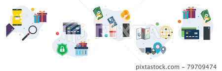 Online shopping, e-commerce, purchase, payment and delivery icons. 79709474
