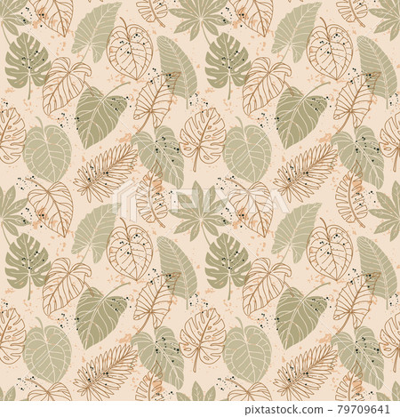 Seamless pattern with colorful tropical leaves on background. 79709641