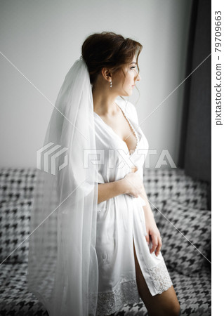 Portrait of beautiful bride with fashion veil at wedding morning Portrait of beautiful bride with fashion veil at wedding morning 79709663