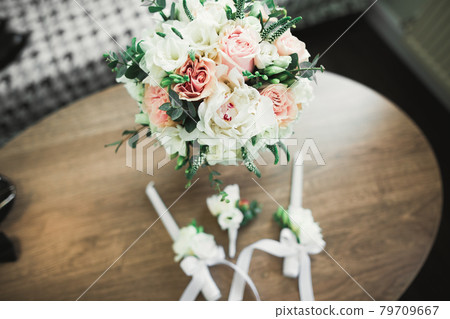 Beautiful wedding bouquet with different flowers, roses Beautiful wedding bouquet with different flowers, roses 79709667