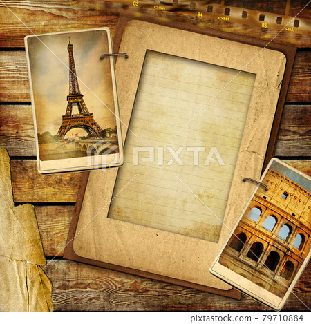Vintage travel photoalbum. and frame for text or photo 79710884