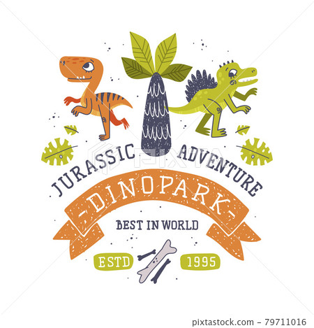 Dino Island and Dino Park Family Entertainment Emblem with Funny Dinosaur as Cute Prehistoric Creature and Comic Jurassic Predator Vector Illustration 79711016