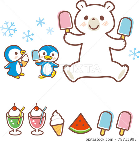Illustration of a polar bear and penguin eating ice cream_with lines Illustration of a polar bear and penguin eating ice cream_with lines 79713995