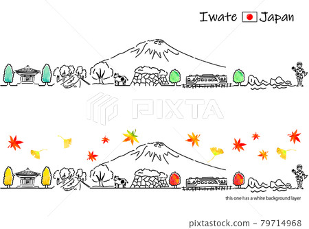 A simple line drawing set of the cityscape of Iwate Prefecture in autumn 79714968