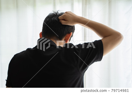 Back view of a man hitting the back of his head with his fist Back view of a man hitting the back of his head with his fist 79714981