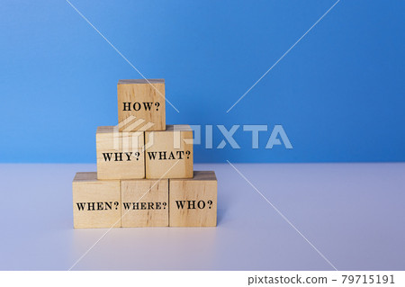 Text on wooden tile block - How why what when where who 79715191
