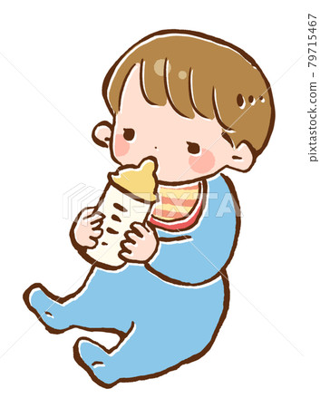 坐著的嬰兒用奶瓶喝牛奶的插圖 坐著的嬰兒用奶瓶喝牛奶的插圖 79715467