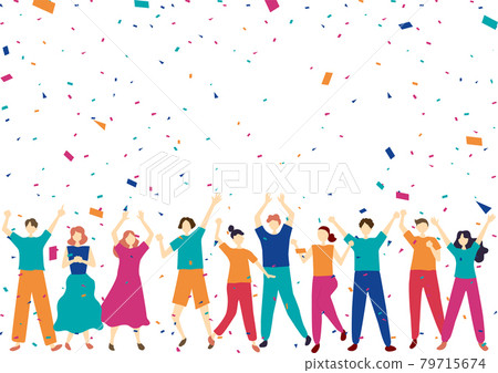 一大群興奮的人，五彩紙屑背景 79715674