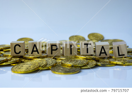 Capital text on wood block with a pile of coins 79715707
