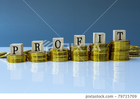 Profit text on wood block with a pile of coins 79715709