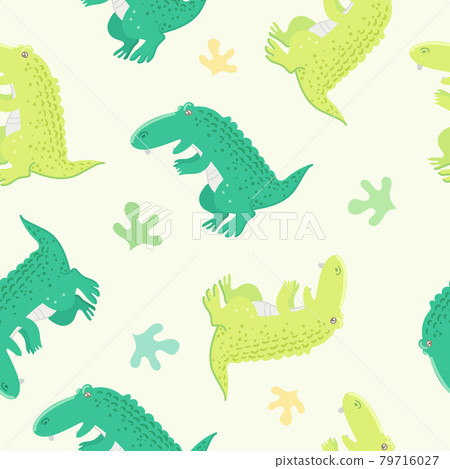 Seamless pattern with alligator and plant on a light yellow background. Cute cartoon animal. Vector illustration. Seamless pattern with alligator and plant on a light yellow background. Cute cartoon animal. Vector illustration. 79716027