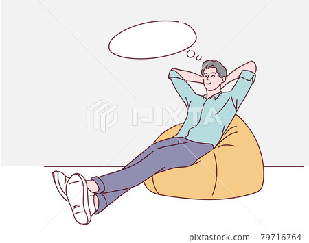 Happy young man sitting in orange beanbag chair, he is relaxing. Hand drawn in thin line style, vector illustrations. 79716764