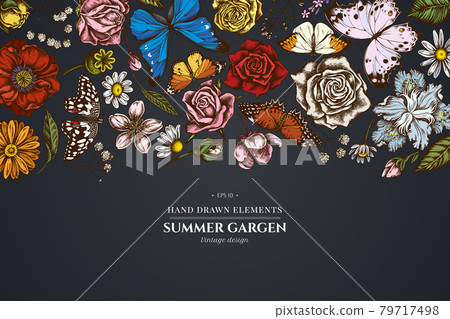 Floral design on dark background with shepherd s purse, heather, iris japonica, sakura, gypsophila 79717498