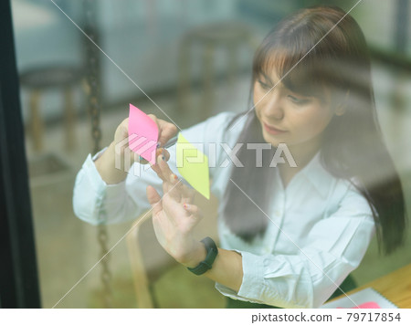 View through glass, Business female attaching sticky note View through glass, Business female attaching sticky note 79717854