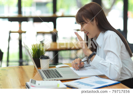 Female college student doing online class via application, Businesswoman video conference meeting Female college student doing online class via application, Businesswoman video conference meeting 79717856