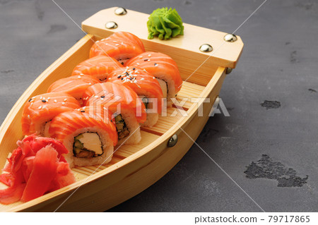 Philadelphia sushi roll on plate close up Philadelphia sushi roll on plate close up 79717865