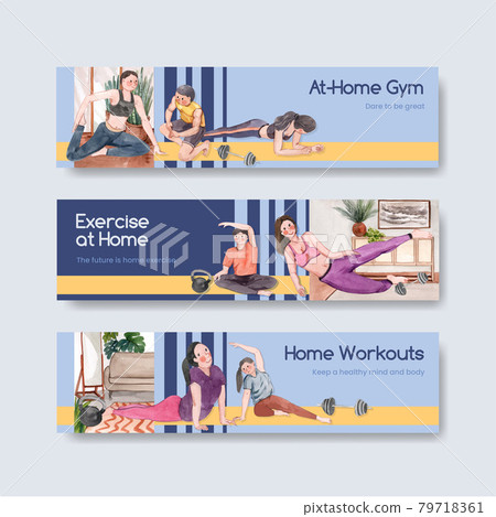 Banner template with exercise at home concept,watercolor style 79718361