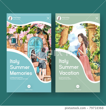Instagram template with Italy summer holiday concept,watercolor style 79718368