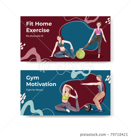 Twitter template with exercise at home concept,watercolor style Twitter template with exercise at home concept,watercolor style 79718421