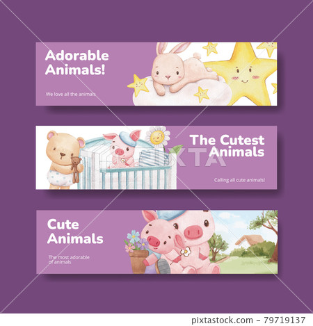 Banner template with adorable animals concept,watercolor style Banner template with adorable animals concept,watercolor style 79719137