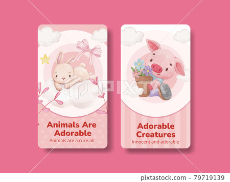Instagram template with adorable animals concept,watercolor style Instagram template with adorable animals concept,watercolor style 79719139