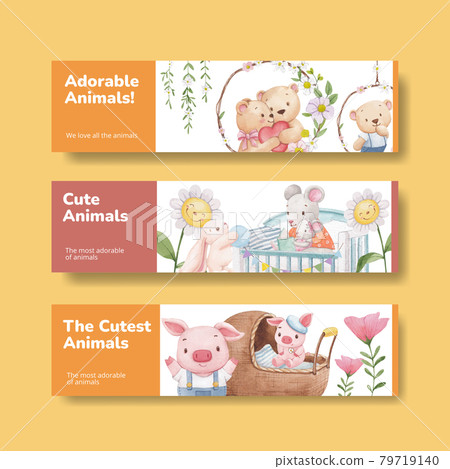 Banner template with adorable animals concept,watercolor style 79719140